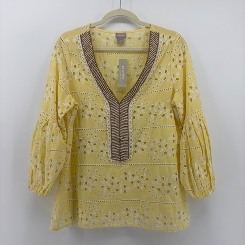 Chicos Beaded Neck Eyelet Embroidered Blouse Lemon Meringue Size 1 / US 8/10